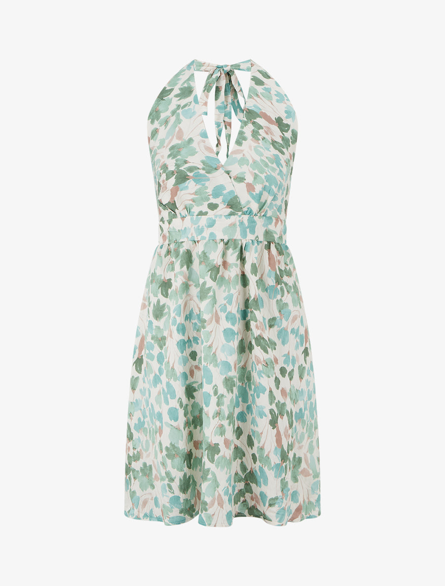 Robe mi-longue dos nu imprimé fleurs abstraites - Vert menthe - 1