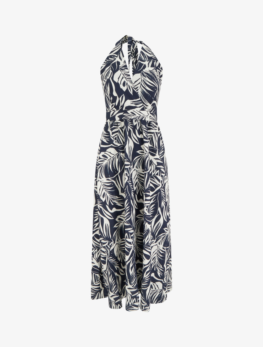 Robe longue dos nu imprimé feuillage - Marine - 1