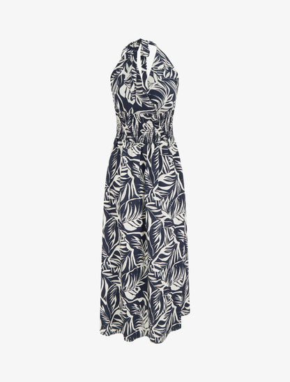 Robe longue dos nu imprimé feuillage - Marine - 2