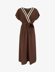 Robe longue manches courtes à col fantaisie - Marron - 1