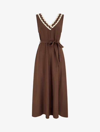 Robe longue sans manches à col V fantaisie - Marron - 1