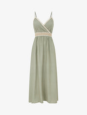 Robe longue uni à buste brodé - Kaki - 1