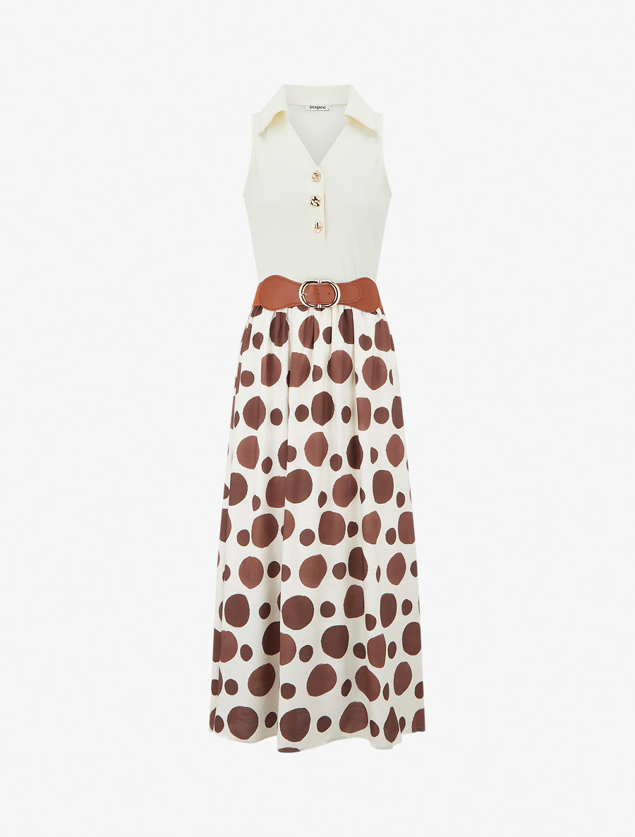 Robe longue à boutons fantaisies et imprimé gros pois - Marron - 1