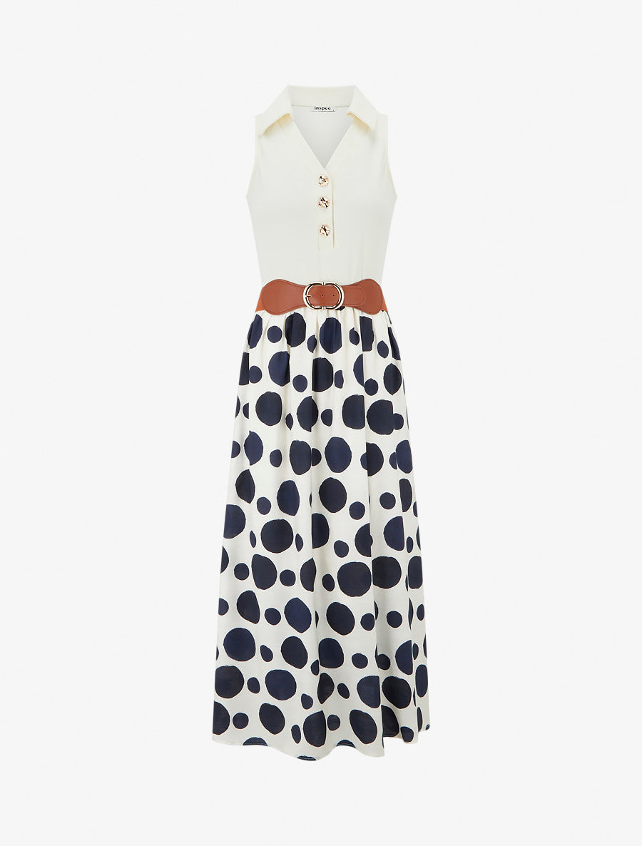 Robe longue à boutons fantaisies et imprimé gros pois - Marine - 1