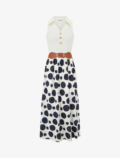 Robe longue à boutons fantaisies et imprimé gros pois - Marine - 1