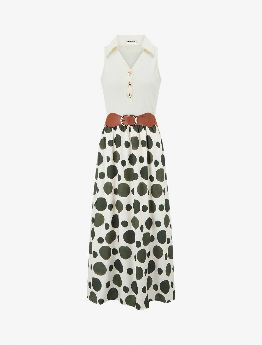 Robe longue à boutons fantaisies et imprimé gros pois - Vert foncé - 1
