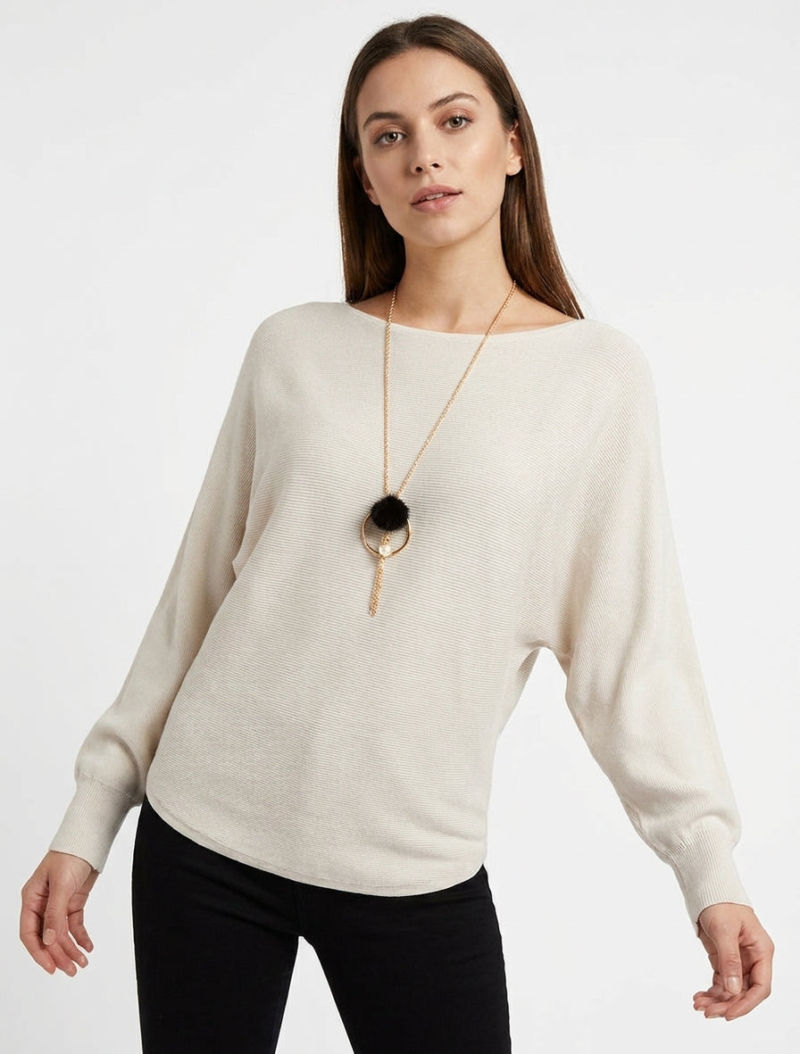 Gerader Pullover mit Fledermausärmeln - Beige