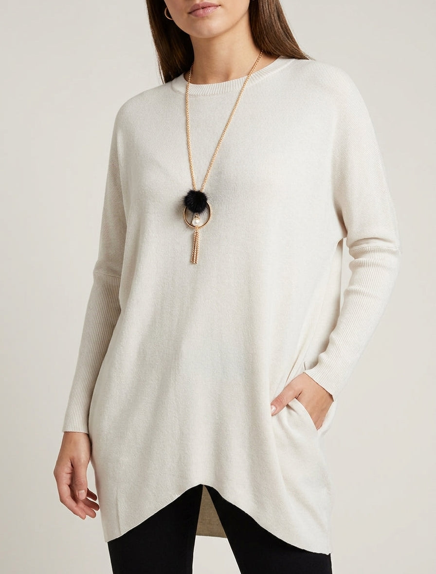 Asymmetrischer einfarbiger langer Pullover - Ecru