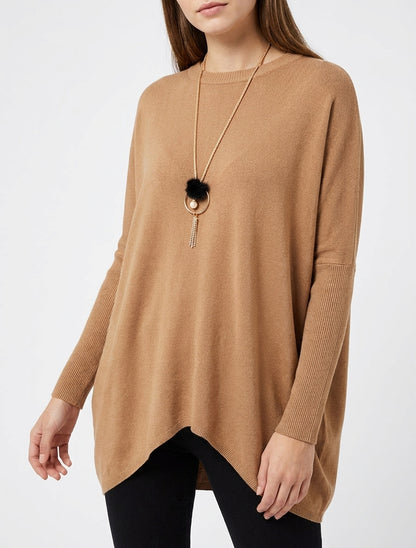 Asymmetrischer einfarbiger langer Pullover - Kamel