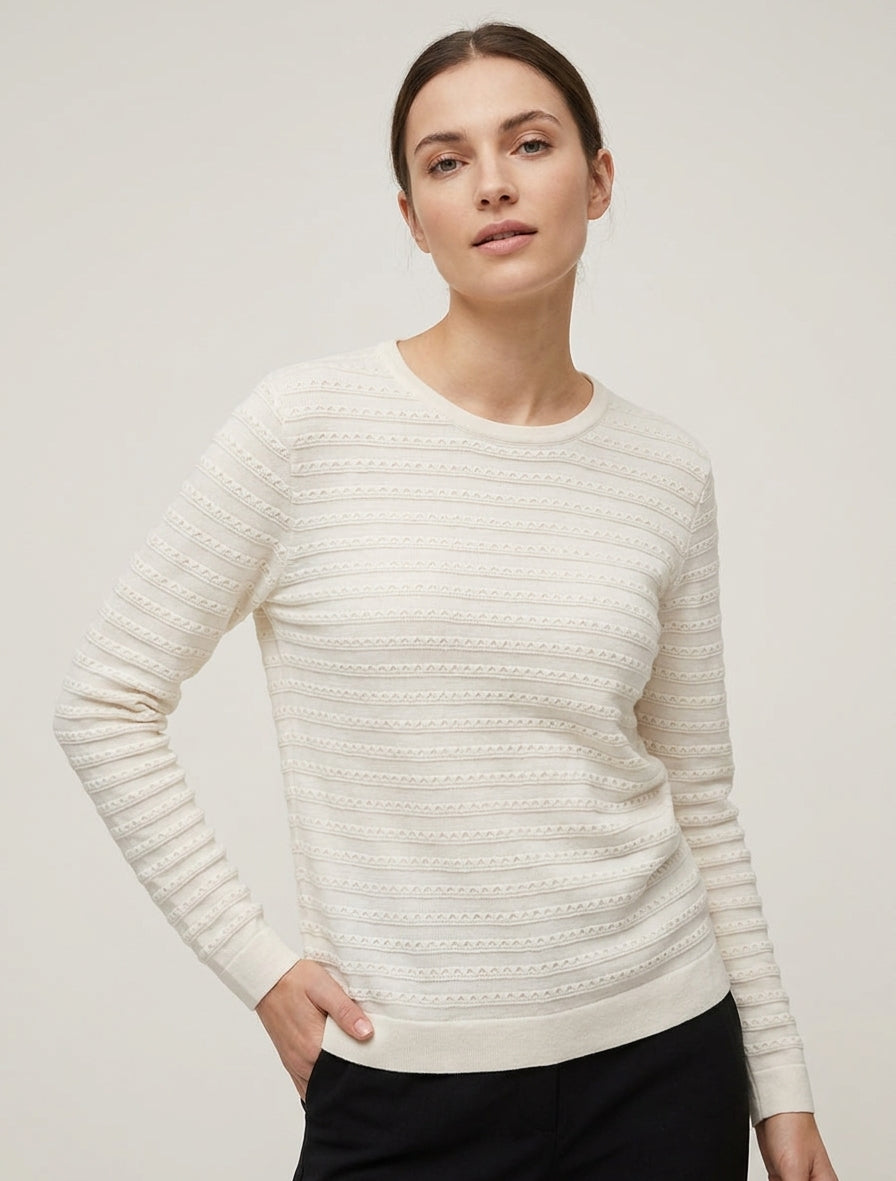 Texturierter einfarbiger Pullover mit Rundhalsausschnitt - Ecru