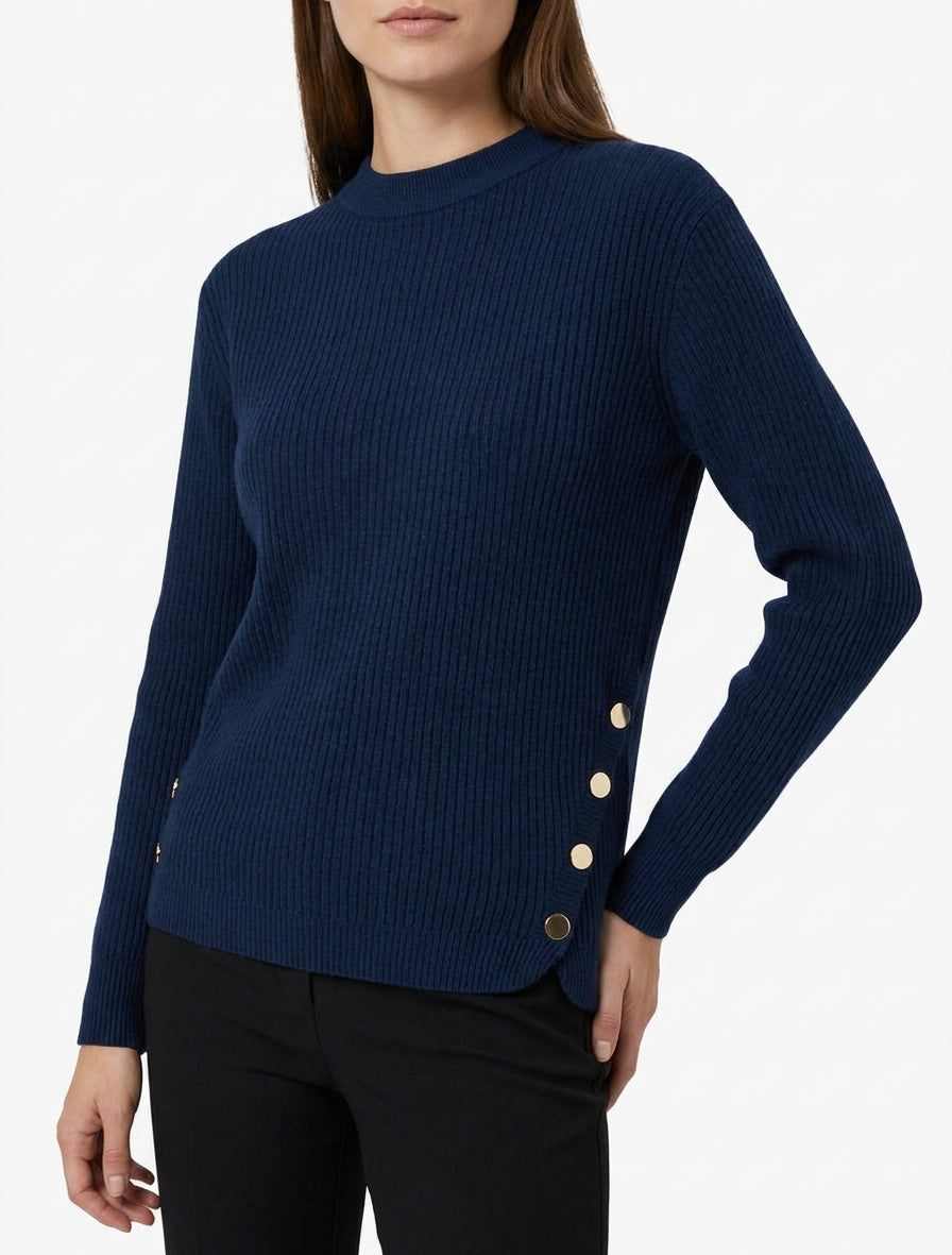 Rippstrickpullover mit dekorativen Knopfeinsätzen - Marine