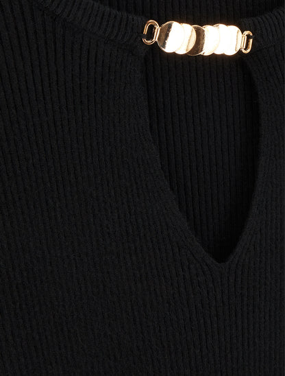 Pull côtelé à empiècement bijou - Noir - 3