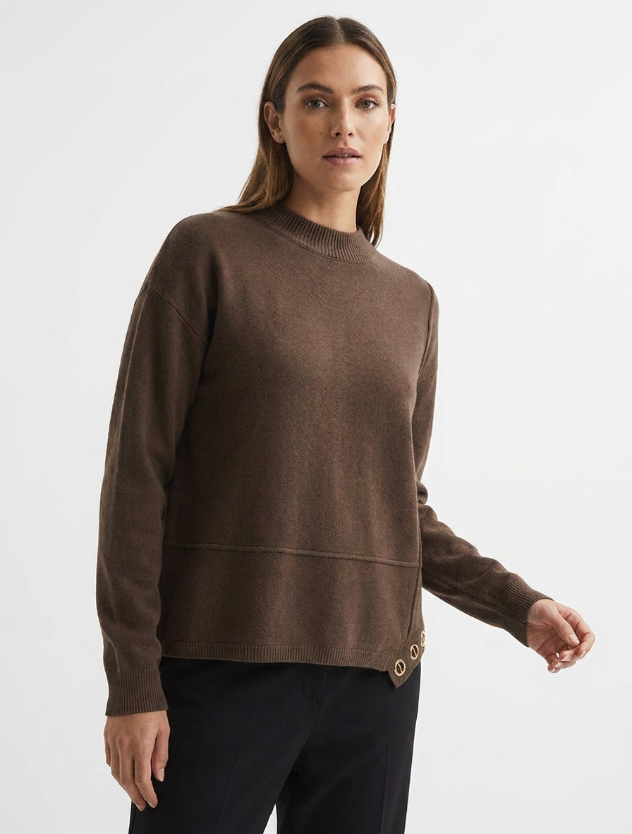 Unifarbener Pullover mit Ösenbesatz - Braun