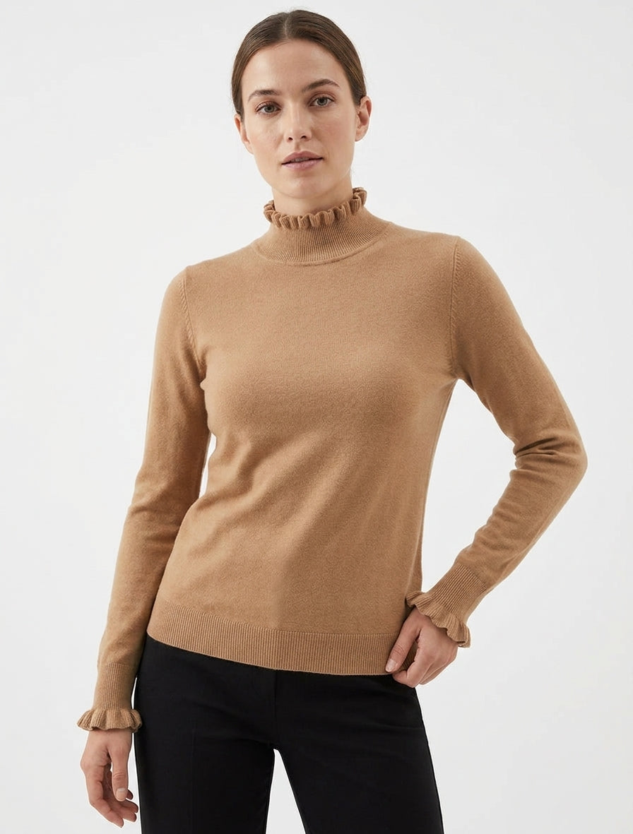 Gerader Pullover mit Stehkragen und ausgestellten Manschetten. - Kamel