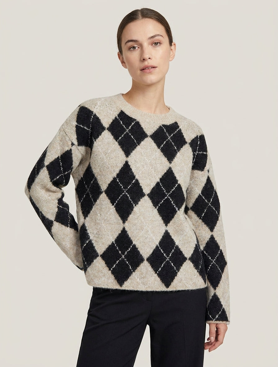 Weit geschnittener Pullover aus Wollmischung mit Rautenmuster - Beige