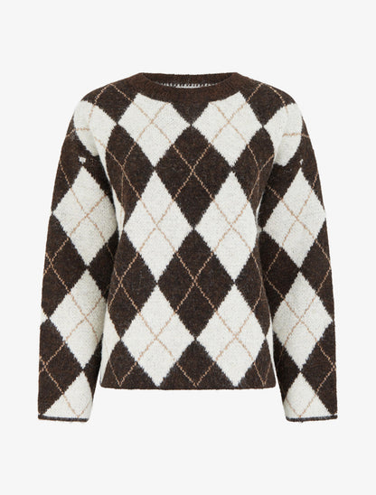 Pull ample en laine mélangée à motif losanges - Marron - 1