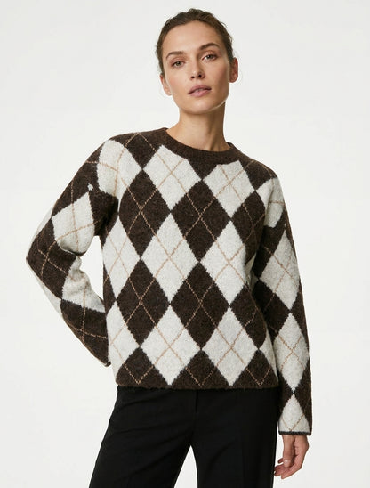 Weit geschnittener Pullover aus Wollmischung mit Rautenmuster - Braun