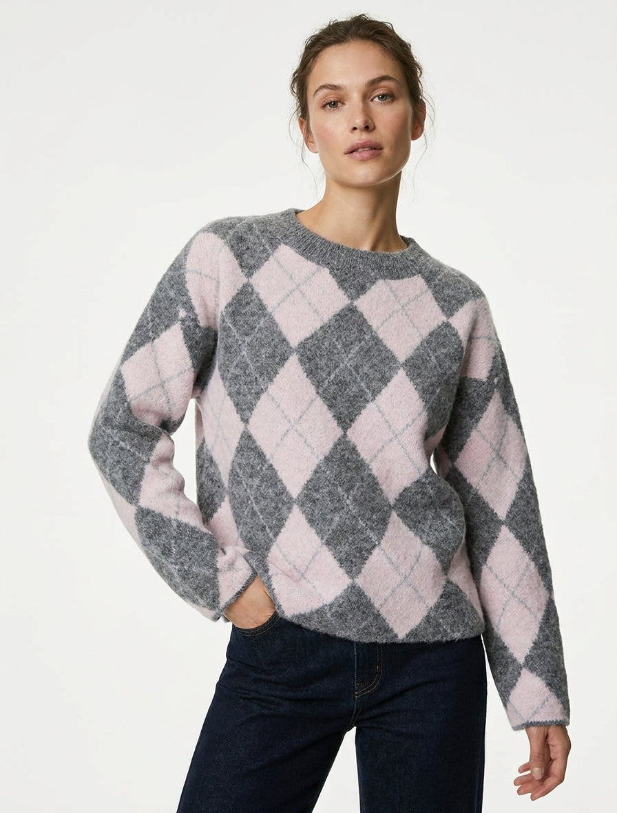 Weit geschnittener Pullover aus Wollmischung mit Rautenmuster - Grau