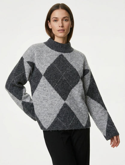 Pullover aus Wollmischung mit Rautenmuster - Grau