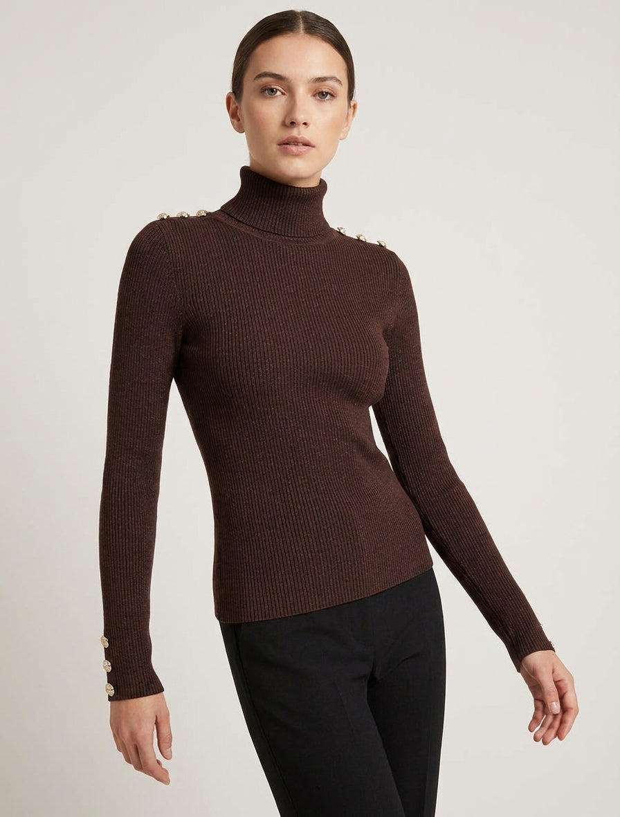 Glitzernder Rollkragenpullover aus geripptem Strick. - Braun
