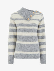 Pull rayé à col châle fantaisie et bouton bijoux - Gris/beige - 1