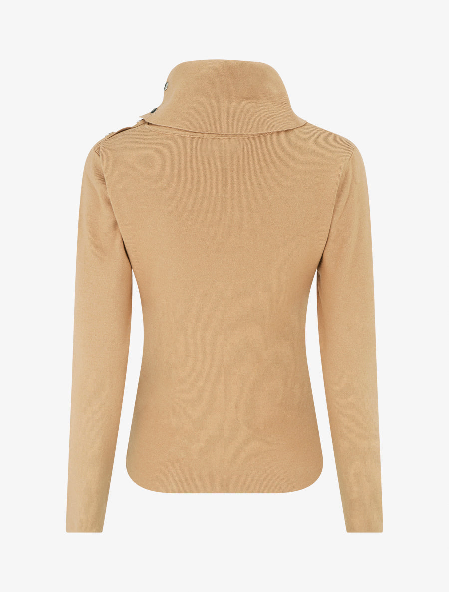 Pull fin côtelé à col roulé boutonné - Camel - 2