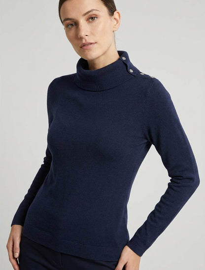 Fein gerippter Rollkragenpullover mit Knopfleiste - Marine
