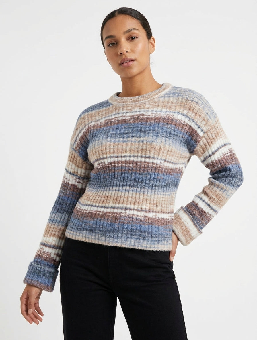 Bunter Pullover mit umgeschlagenen Ärmeln - Blau