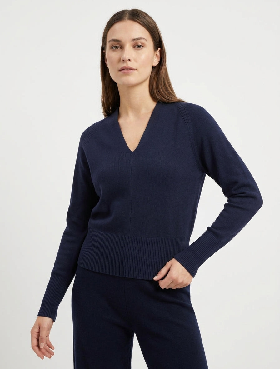 Einfarbiger V-Ausschnitt-Pullover - Marine
