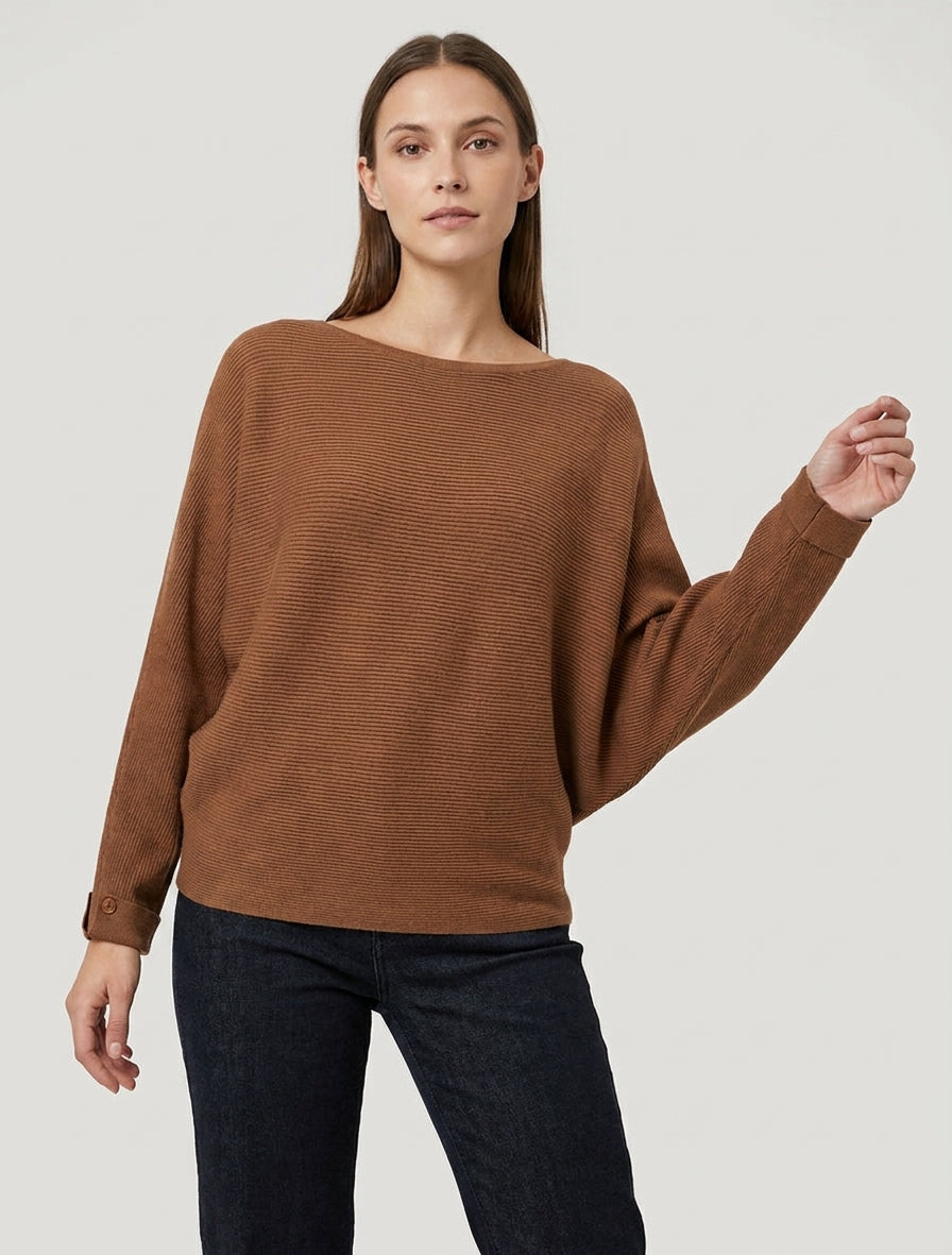 Gerippter Pullover mit langen Ärmeln. - Kamel