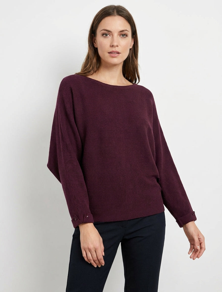 Gerippter Pullover mit langen Ärmeln. - Weinrot