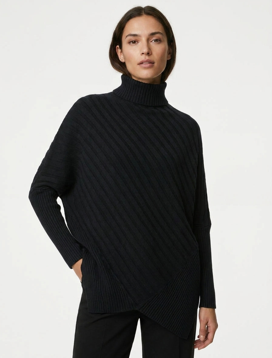 Asymmetrischer Oversize-Pullover mit Stehkragen - Schwarz
