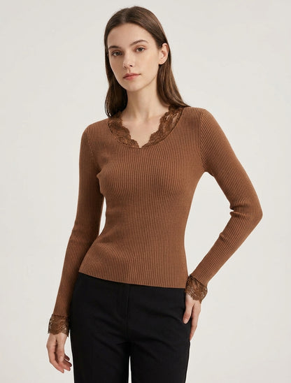 Gerippter Pullover mit Spitzenkragen - Kamel