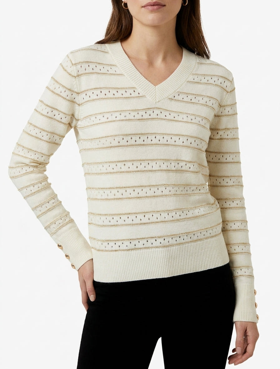Gerader V-Ausschnitt-Pullover mit schimmernden Streifen. - Ecru