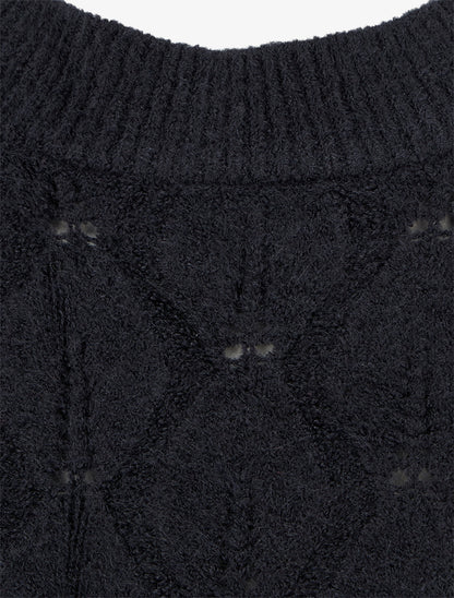 Pull droit en maille texturée à col rond - Noir - 3
