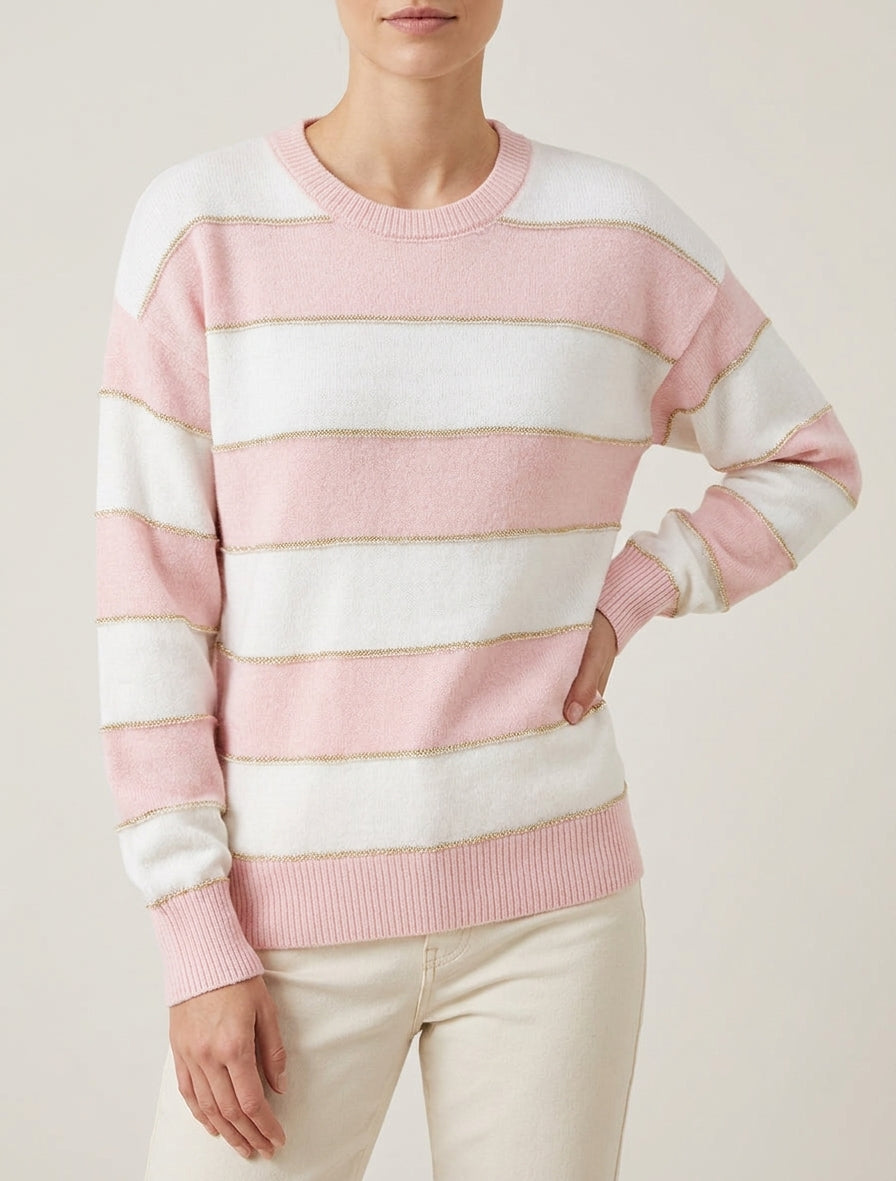 Gestreifter Pullover mit goldener Paspel und Rundhalsausschnitt - Rose
