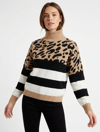 Leoparden- und gestreifter Rollkragenpullover - Helles Kamel