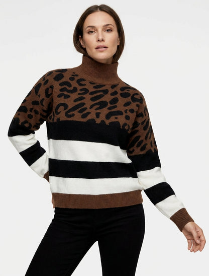 Leoparden- und gestreifter Rollkragenpullover - Braun