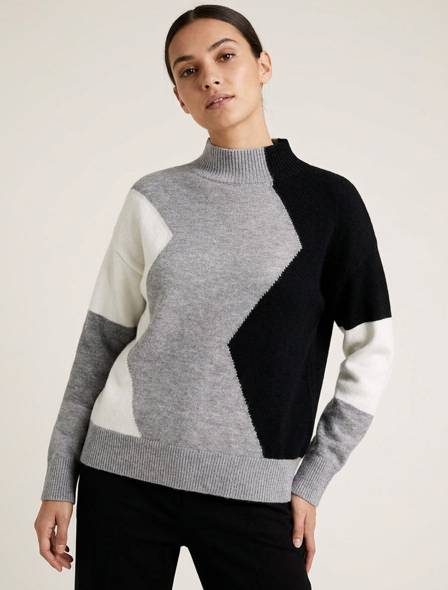 Farbblock-Rollkragenpullover - Grau