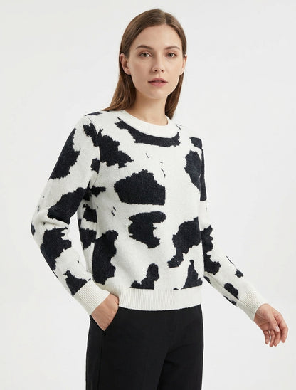 Strickpullover mit Kuhmuster - Weiß