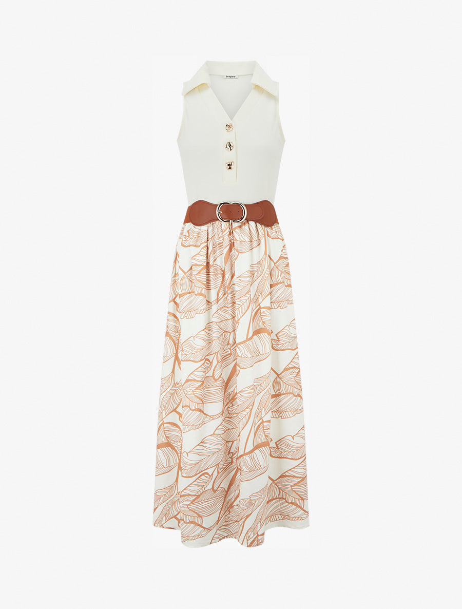 Robe longue à boutons fantaisies et imprimé feuilles - Camel - 1