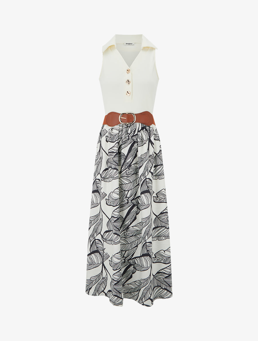 Robe longue à boutons fantaisies et imprimé feuilles - Marine - 1