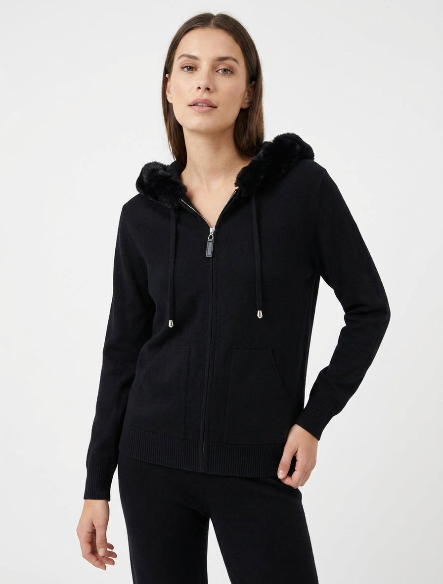 Feiner Kapuzenpullover mit Fell und Reißverschluss - Schwarz