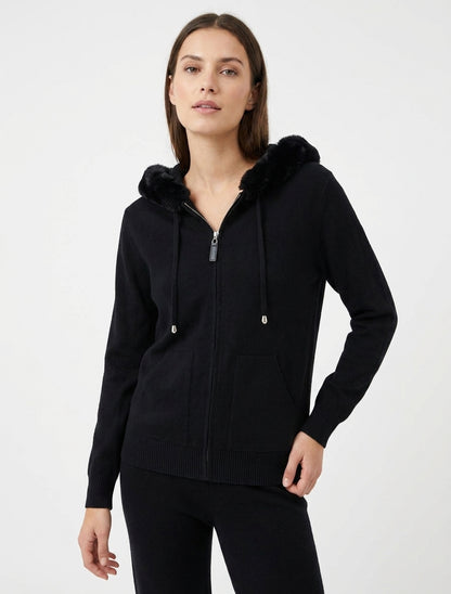 Feiner Kapuzenpullover mit Fell und Reißverschluss - Schwarz