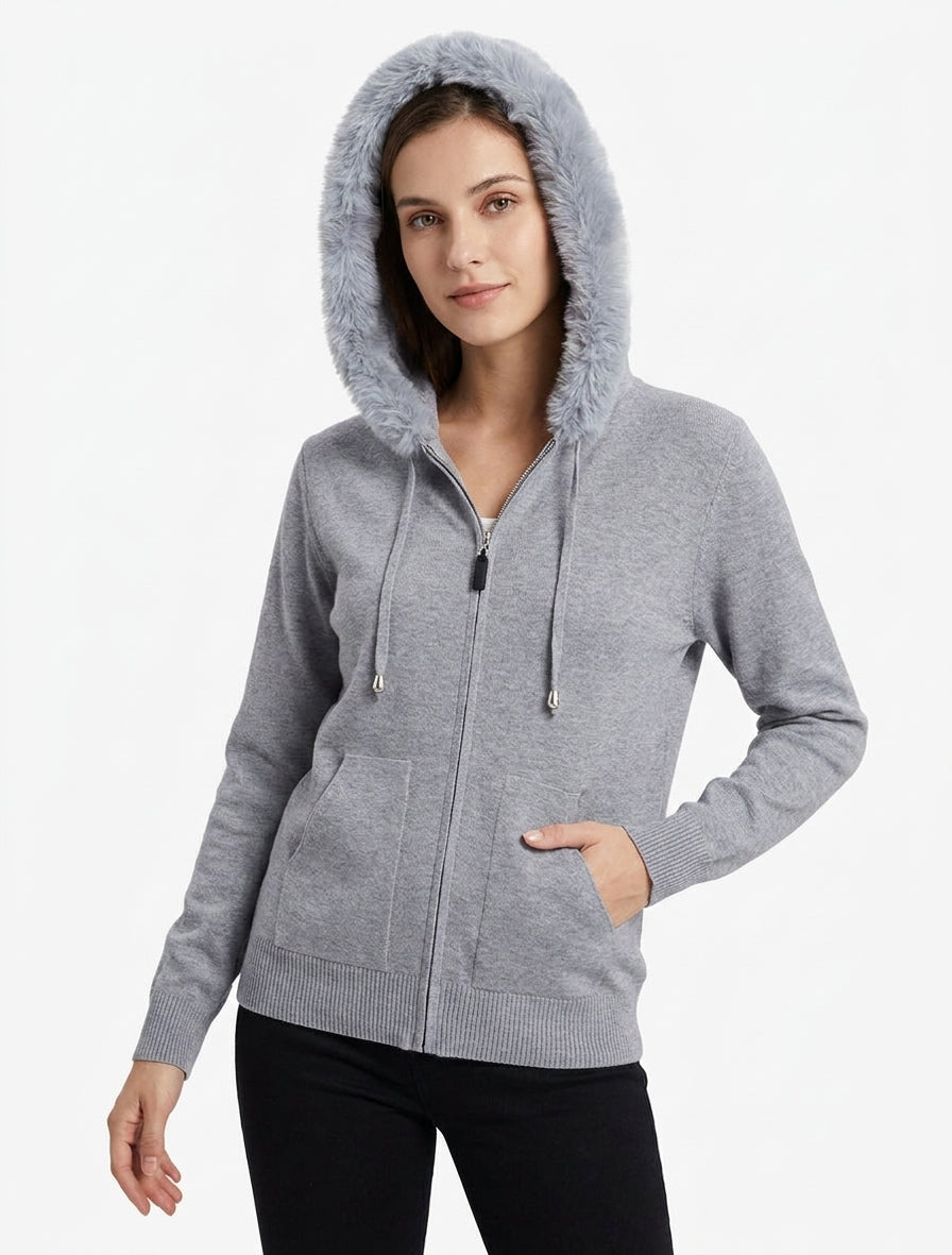 Feiner Kapuzenpullover mit Fell und Reißverschluss - Grau