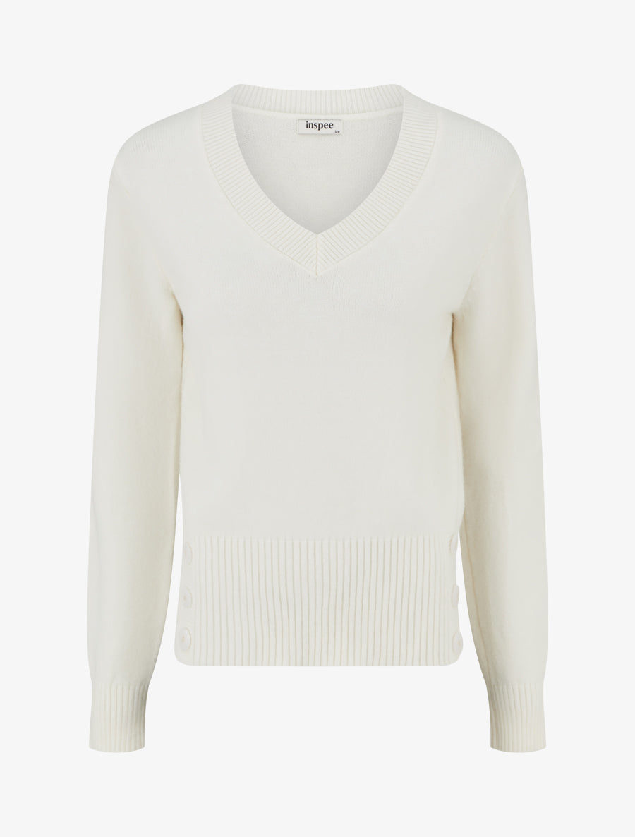 Pull droit à col V et boutons décoratifs - Blanc - 1