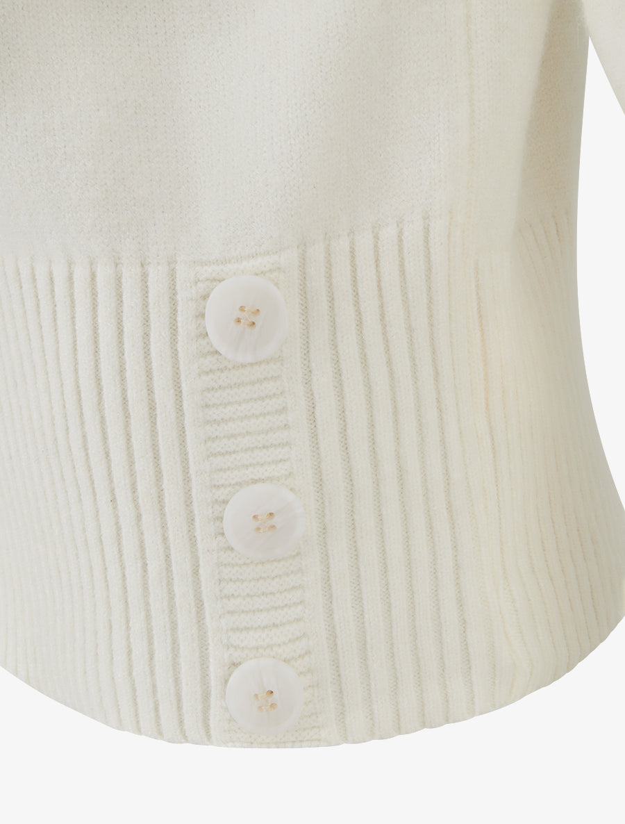 Pull droit à col V et boutons décoratifs - Blanc - 3