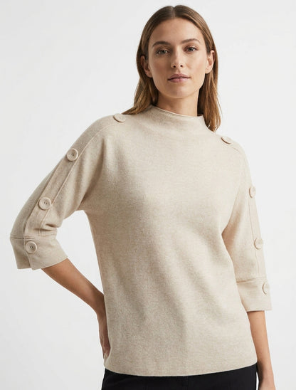 Pullover mit 3/4-Ärmeln, Knöpfen und Stehkragen - Beige