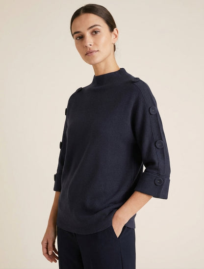 Pullover mit 3/4-Ärmeln, Knöpfen und Stehkragen - Mitternachtsblau