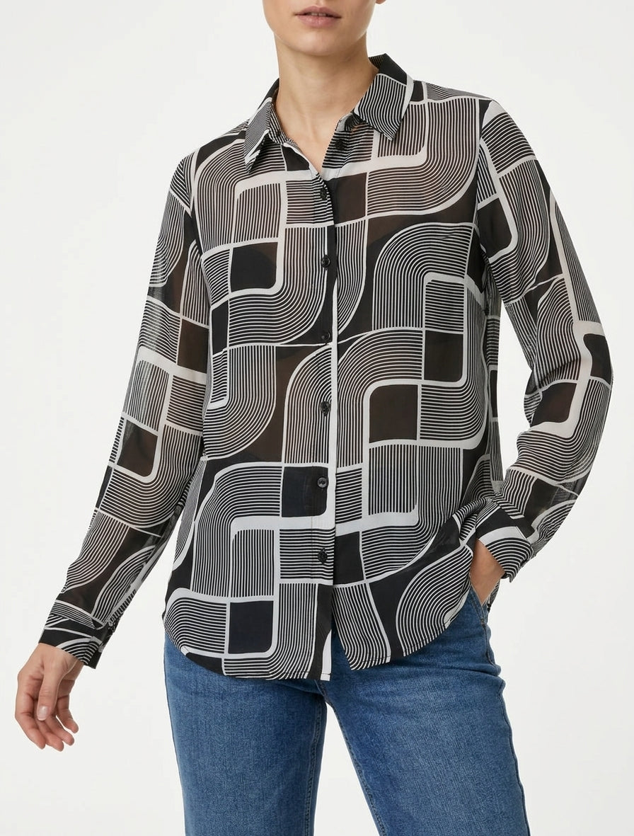 Transparente fließende Bluse mit grafischem Druck - Schwarz